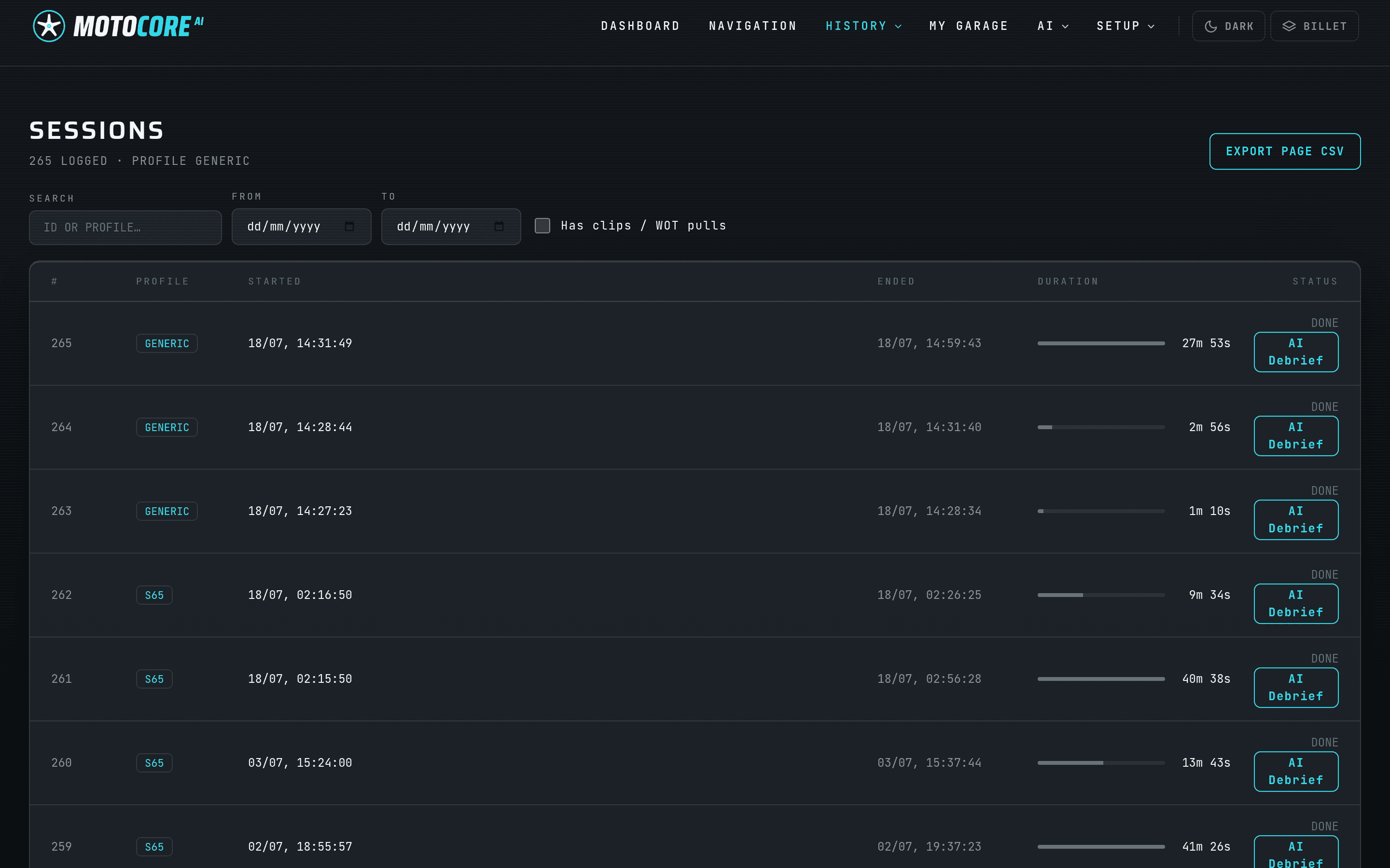 MotoCore sessions page in the web app with 265 logged sessions, search and date filters, per-row engine-profile chips, duration bars and AI Debrief buttons on completed sessions