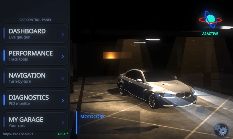 MotoCore One main menu on the unit with dashboard, performance, navigation, diagnostics and garage entries beside a real-time 3D underground garage with a BMW M3, the AI status orb and the unit's LAN address