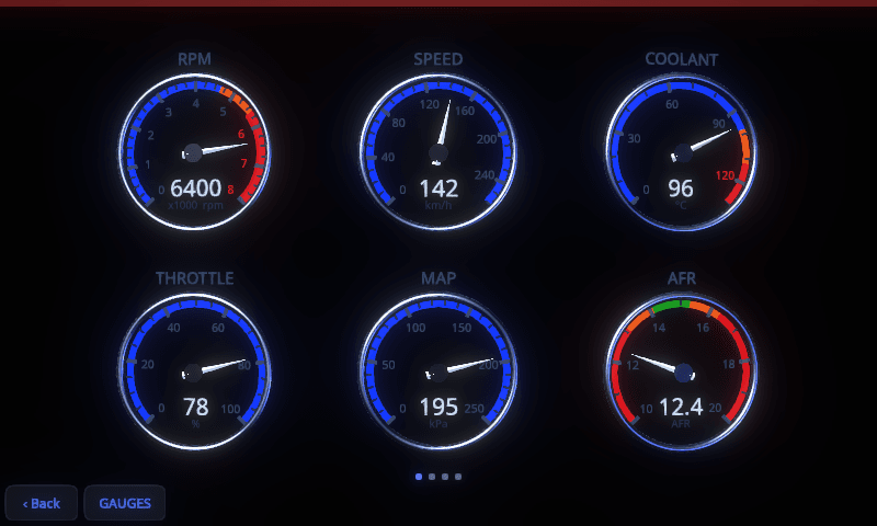 MotoCore One true3d dashboard with torus bezels and prism needles under a perspective camera at wide-open throttle